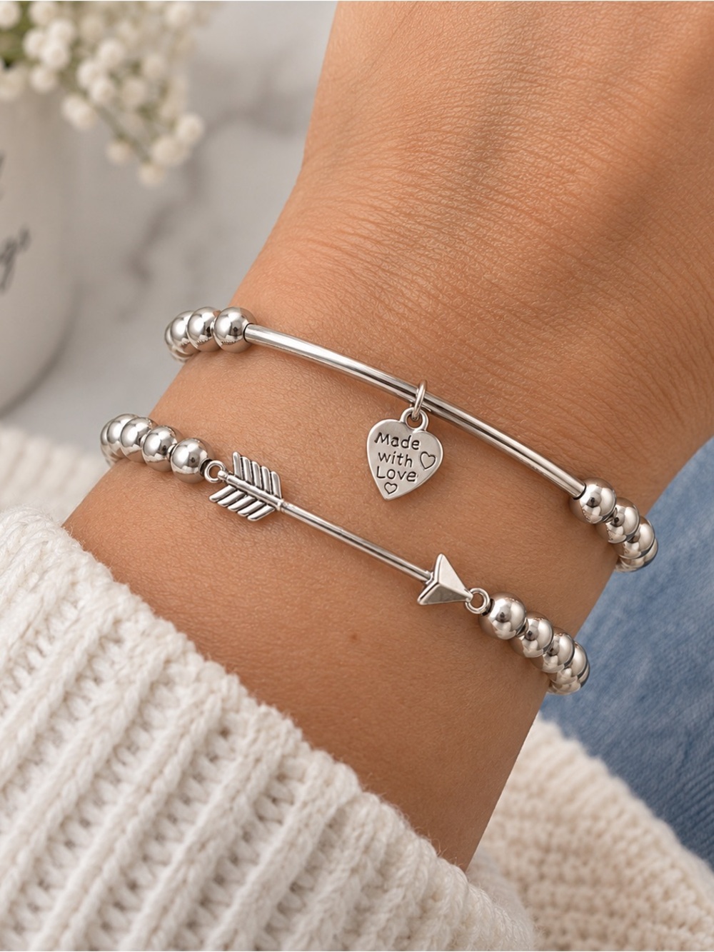 Arrow & Heart Thin Dainty‎ Metal Stretch Cuff Bracelet Set